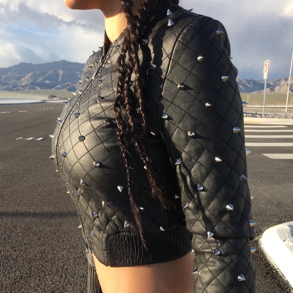 Black Vegan Leather Quilted Spiked Crop Jacket - Picture 3 of 6